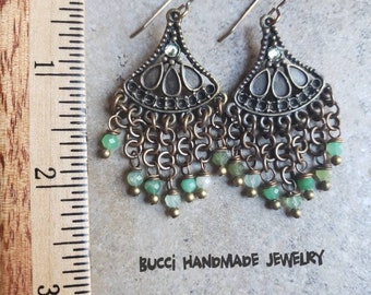 Chrysoprase Chandelier Earrings, fringe, beaded, turquoise, green, brass, bohemian