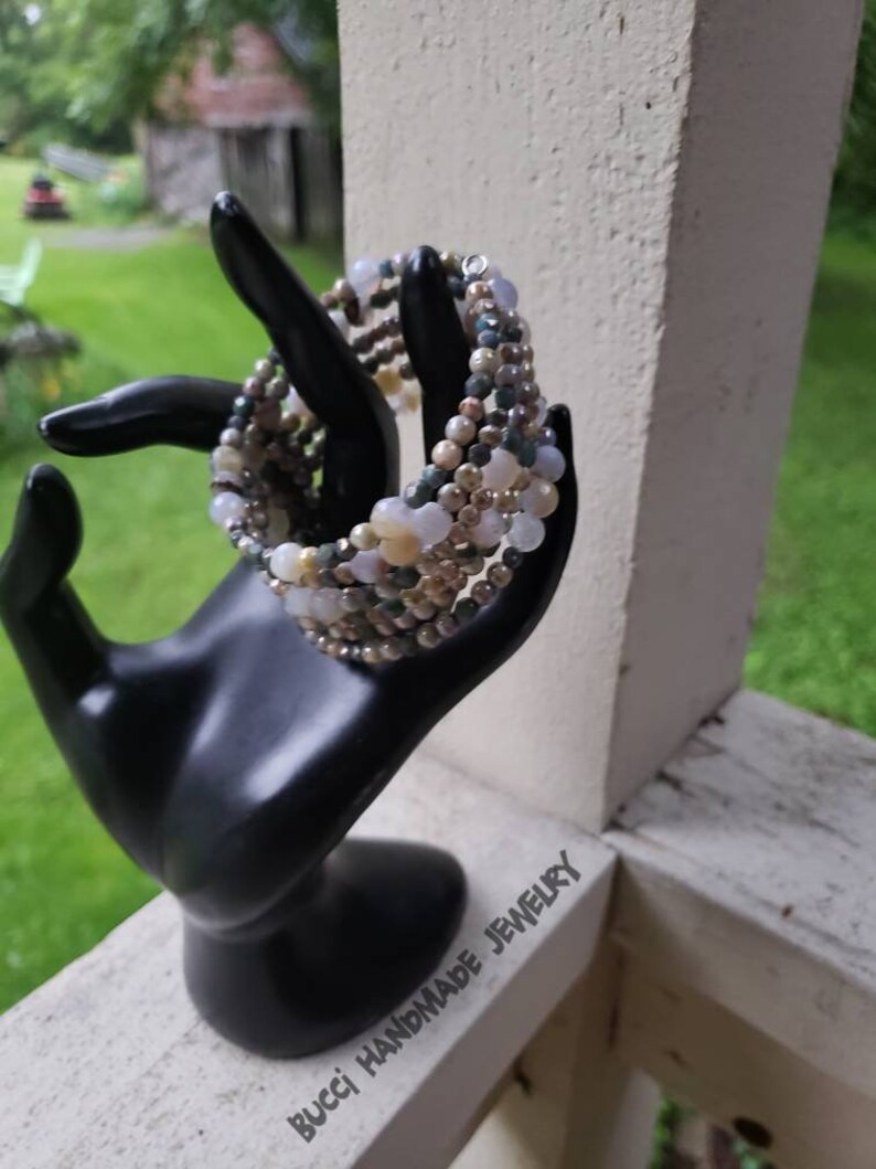 Soothing Memory Wire Beaded Bracelet gray one size green wraps 6x neutral colors agate czech glass
