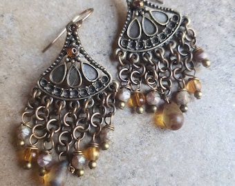 Royalty Chandelier Earrings in Earth tones, brown, czech glass, brass charms, fringe, boho, lightweight