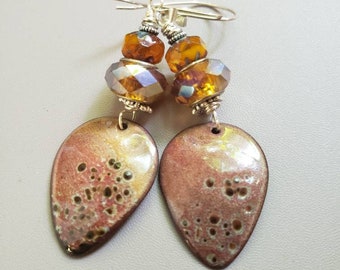 Crystal and Enameled Copper Earrings, tan, orange, brown, mottled, speckled, earthy, rustic, unique, artisan earrings, sterling silver