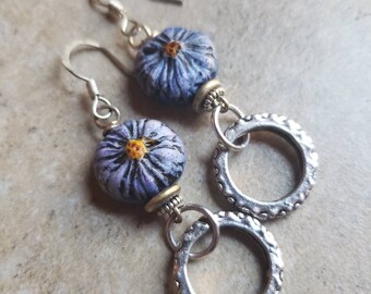 Floral Love Silver Drop Earrings, polymer clay, artisan beads, silver hoops, sterling earwires, blue flowers, boho jewelry