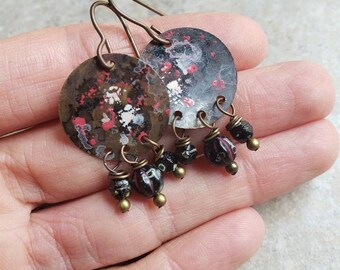 Splattered Brass and Czech Glass Earrings, black beads, artisan brass components, chandelier style, small, red, white and black