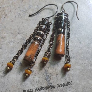 Orange Ceramic Sticks. Earrings, handmade, artisan, rustic, chain, black, brass, boho, dangle, porcelain daggers with czech glass and vintaj image 5