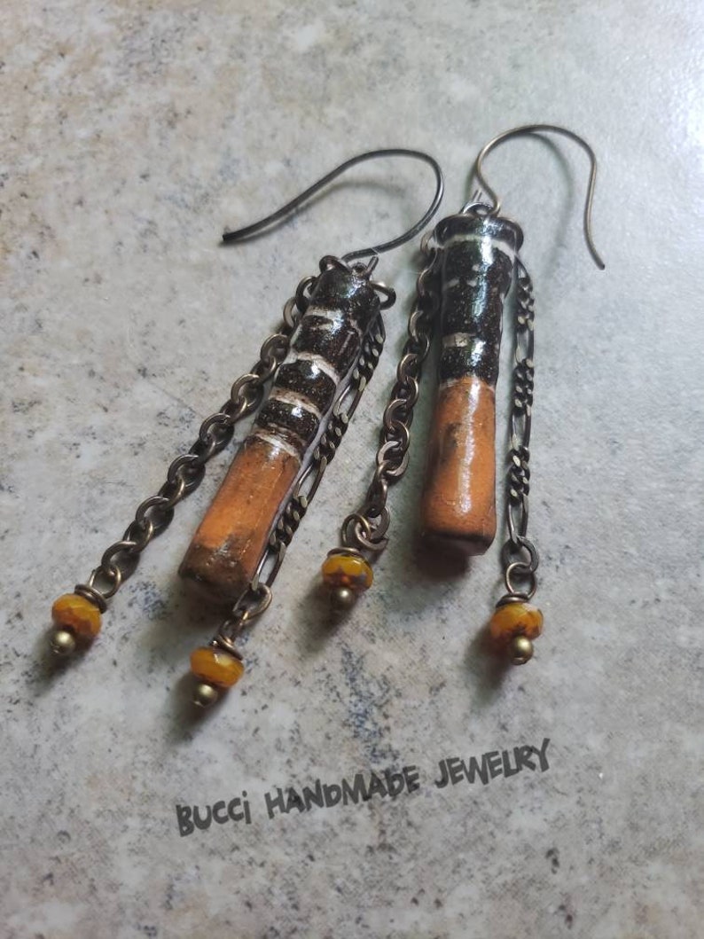 Orange Ceramic Sticks. Earrings, handmade, artisan, rustic, chain, black, brass, boho, dangle, porcelain daggers with czech glass and vintaj image 5