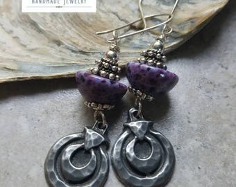 Ancient Purple Drops - Earrings / pewter / handmade glass / silver / artisan / dangle / handmade / rustic / half round beads