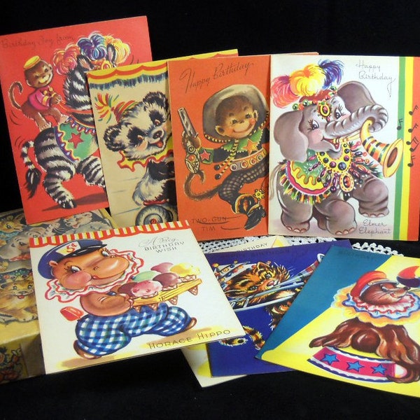 Vintage Greeting Cards Birthday Box of 8 Circus Theme