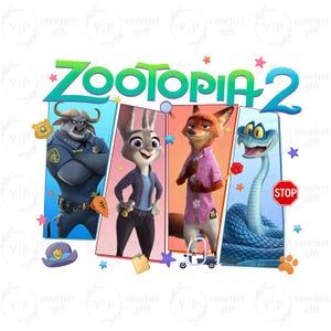 Könnte beinhalten: Ein farbenfrohes Grafikdesign von "Zootopia 2" mit dem Titel in Grün und Blau. Das Bild zeigt Illustrationen von Charakteren, darunter ein Büffelpolizist, Judy Hopps, Nick Wilde und eine blaue Schlange. Sterne und Pfotenabdrücke schmücken das Design.