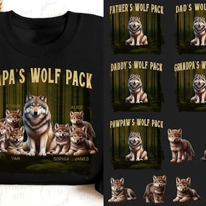 May include: Black sweatshirt with a wolf pack design. The front features the text "PAPA'S WOLF PACK" above a wolf and its pack. Additional designs include "FATHER'S WOLF PACK", "DAD'S WOLF PACK", and others.