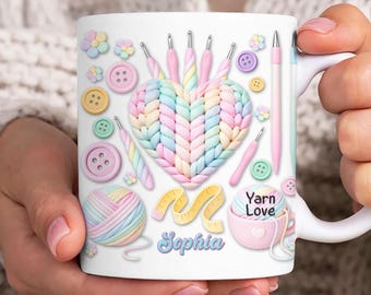 Custom Name Crochet 11oz Mug Png, Faux 3D Crochet 11oz Mug Wrap Png, Crochet Lover Mug Wrap, Love Knitting Coffee Cup, Yarn Mug Digital File