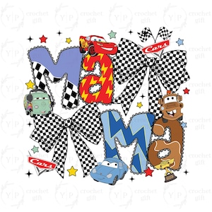 May include: A graphic design featuring the word "Mama" with each letter styled differently. The letters are decorated with race car themes, including checkered patterns, lightning bolts, and cartoon cars. Stars and racing flags complete the design.