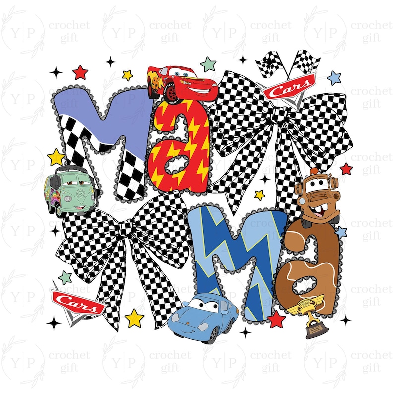 May include: A graphic design featuring the word "Mama" with each letter styled differently. The letters are decorated with race car themes, including checkered patterns, lightning bolts, and cartoon cars. Stars and racing flags complete the design.