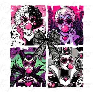 Puede incluir: Un diseño gráfico con cuatro personajes villanos, cada uno con gafas de sol en forma de corazón y soplando burbujas de chicle. Un lazo de encaje negro está centrado. Los personajes están en una combinación de colores rosa, negro y blanco.