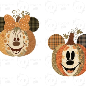 May include: Two pumpkin-shaped designs featuring Mickey and Minnie Mouse faces. The pumpkins are made of patchwork fabric in autumnal colours, with plaid ears and smiling faces. One has a bow, the other has a stem.