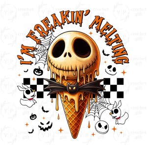 May include: A Halloween-themed graphic featuring a melting ice cream cone with a skull face, bat wings, and the text "I'M FREAKIN' MELTING" in orange. Includes spiderwebs, bats, and Jack Skellington-inspired characters. The cone is a light brown color.