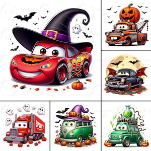 May include: A collection of Halloween-themed illustrations featuring cartoon cars. One image shows a red race car wearing a witch hat and a jack-o'-lantern on its hood. Other images include a tow truck with a pumpkin, a car with bat wings, and a green VW bus.