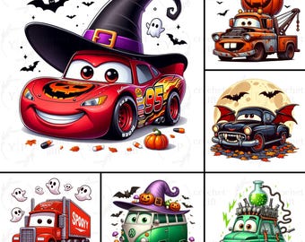 Puede incluir: Una colección de ilustraciones con temática de Halloween con coches de dibujos animados. Una imagen muestra un coche de carreras rojo con un sombrero de bruja y una calabaza en el capó. Otras imágenes incluyen una grúa con una calabaza, un coche con alas de murciélago y una furgoneta VW verde.