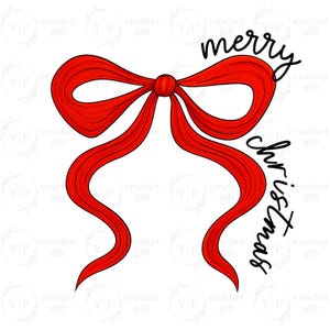 May include: A digitally drawn red bow with the words "merry christmas" in black script. The bow has detailed shading and flowing ribbons, perfect for holiday-themed crafts and designs. The background is white.