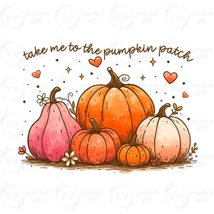 以下が含まれることがあります： さまざまなサイズとオレンジとピンクの色合いのカボチャの水彩イラスト。「take me to the pumpkin patch」というテキストがカボチャの上に書かれており、ハートと星が画像全体に散らばっています。