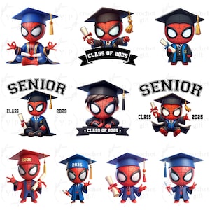 Puede incluir: Una colección de figuras de dibujos animados de Spider-Man con atuendo de graduación. Cada figura lleva birrete y toga, sosteniendo un diploma. Algunas imágenes incluyen el texto "CLASS OF 2025" o "SENIOR". Las figuras están en varias poses.