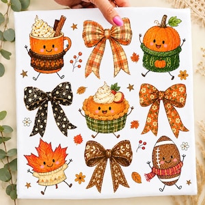 May include: A white fabric featuring a repeating pattern of autumn-themed illustrations including an orange mug with whipped cream, a pumpkin in a green sweater, a pie, a football, a maple leaf, and various plaid and floral patterned bows.