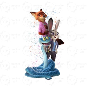 Op de afbeelding: Een digitale illustratie met personages uit de animatiefilm Zootopia. De afbeelding bevat een vos in een roze shirt, een konijn in een blauw jasje en een blauwe slang. Kleurrijke verfspetters zijn op de achtergrond.