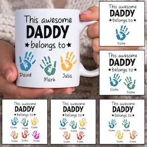 Personalized This Awesome Dad Belongs Mug Wrap, Custom Dad Handprint Up to 6 Kids 11oz Mug Png, Dad 11oz Mug Png, Fathers Day Coffee Mug Png