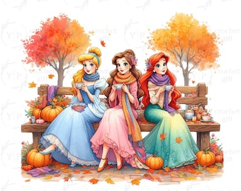 Watercolor Cartoon Princess Fall Png, Princess Autumn Png, Cozy Season Png, Retro Thanksgiving Png, Spooky Vibes, Fall Pumpkin Coffee Png