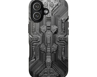 May include: A smartphone case with a detailed, metallic gray, futuristic design. The case features a complex pattern of lines, shapes, and textures, giving it a technological or industrial aesthetic. The case has a dual-lens camera cutout.
