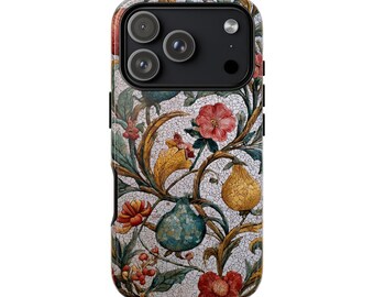 Floral Mosaic Tile Phone Case (Printed) Vintage Botanical Art Pattern | Tough Phone Case| iPhone 17- XS MAX, Samsung Galaxy S25- S20 Ultra