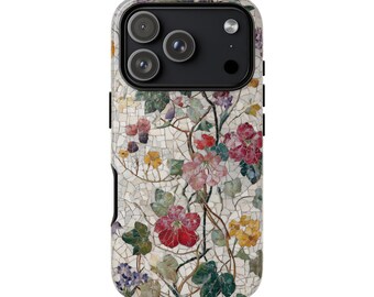 Floral Mosaic Art Phone Case (Printed) Vintage Tile Botanical Design | Tough Phone Case| iPhone 17- XS MAX, Samsung Galaxy S25- S20 Ultra