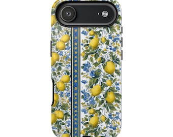 Capa para celular com estampa floral azul mediterrânea em azulejo de limão italiano | Capa resistente para celular | iPhone 17 - XS Max, Samsung Galaxy S25 - S20 Ultra