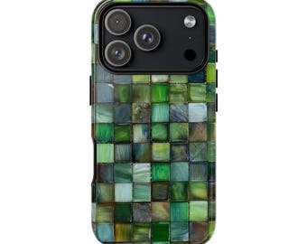 Green Mosaic Tile Phone Case, Geometric Checkered Design (Printed) | Tough Phone Case| iPhone 17- XS MAX, Samsung Galaxy S25- S20 Ultra