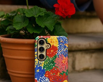 Tropical Floral Phone Case | Vibrant Botanical Pattern in Bold Colors | Tough Phone Case| iPhone 16-8, Samsung Galaxy S25- S10