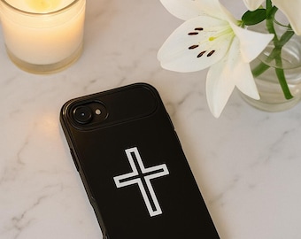 Minimal weißes Kreuz auf Schwarz christliche Handyhülle | Robuste Telefonhülle | iPhone 17- XS MAX, Samsung Galaxy S25- S20 Ultra