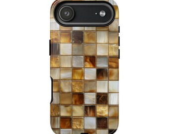 Golden Tile Mosaic Phone Case (Printed) with Luxe Amber Squares | Tough Phone Case| iPhone 17- XS MAX, Samsung Galaxy S25- S20 Ultra