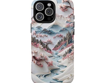 Capa para celular com paisagem de flores asiáticas | Montanha e rio serenos com flores rosa | Capa resistente para celular | iPhone 16-8, Samsung Galaxy S25-S10