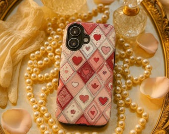 Romantic Patchwork Heart Phone Case, Pink Red Love Pattern | Tough Phone Case| iPhone 17- XS MAX, Samsung Galaxy S25- S20 Ultra