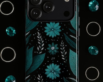 Funda resistente para teléfono con estampado floral botánico color verde azulado sobre fondo negro / Compatible con iPhone 17-XS Max, Samsung Galaxy S25-S20 Ultra