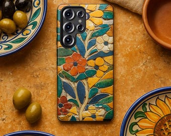 Mediterranean Mosaic Phone Case (Printed) | Floral Tile Pattern| Tough Phone Case| iPhone 16-8, Samsung Galaxy S25- S10