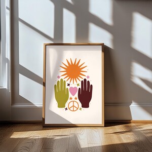 Plakat do pokoju jogi Hands Peace Sun | Minimalistyczny, słoneczny i spokojny wydruk | Dekoracja wózka barowego, galeria sztuki ściennej, wystrój pokoju dziecięcego, pobieranie cyfrowe