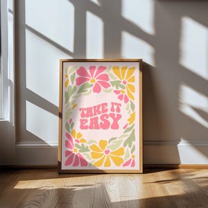 Boho Flowers "Take it Easy" Art Print | Vintage Floral Printable Poster | Modern Bar Cart, Office, Apartment | Hippie Retro Aesthetic