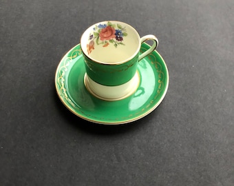 Aynsley Green and Gold Demitasse with saucer, painted floral design Demitasse