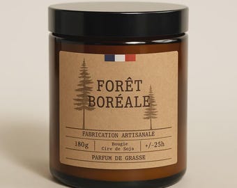 Scented candle, Boreal Forest, Winter atmosphere, Glass jar with lid, 100% vegetable wax, Fragrance from Grasse, Handmade creation