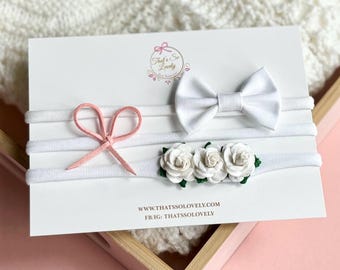 Baby Girl Headband Set: Christening Bows, Flower Headband, Faux Suede Bow