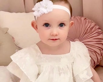 Luxury Chiffon Flower Baby Headband: Pearls & Rhinestones, Christening Headband