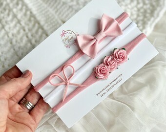 Baby Girl Headband Set: Pink Bows, Flower Headband, Faux Suede Bow