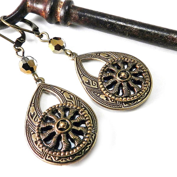Victorian Earrings Mirror Button Antique Button Jewelery Gold Silver Mirror Victorian Button Large Teardrop Earring by Compass Rose Design