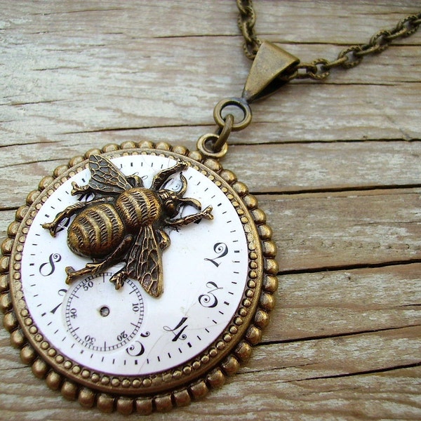 Steampunk Necklace Clockwork Bee on Time Brass Watch Face Ruby Jewel Necklace