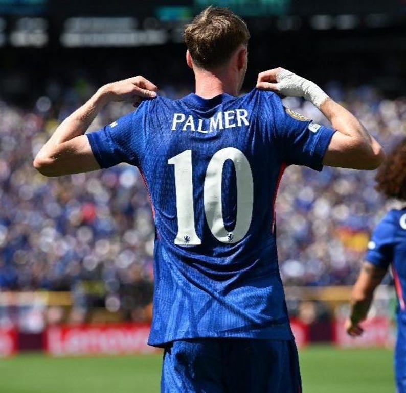 May include: A blue soccer jersey with the name "PALMER" and the number "10" in white. The jersey has a small emblem on the lower left. The person is holding the jersey by the shoulders.