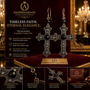 Può includere: Orecchini a croce color argento con dettagli di pietre preziose nere. Gli orecchini sono esposti su uno sfondo di velluto rosso scuro, con il testo "TIMELESS FAITH. ETERNAL ELEGANCE."